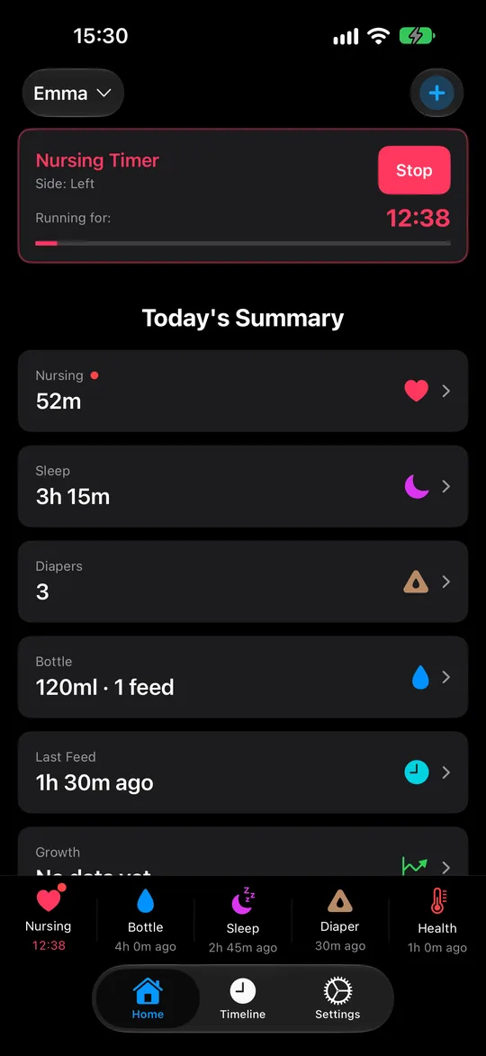 BabyLogly home screen in dark mode with a nursing timer and today&rsquo;s summary