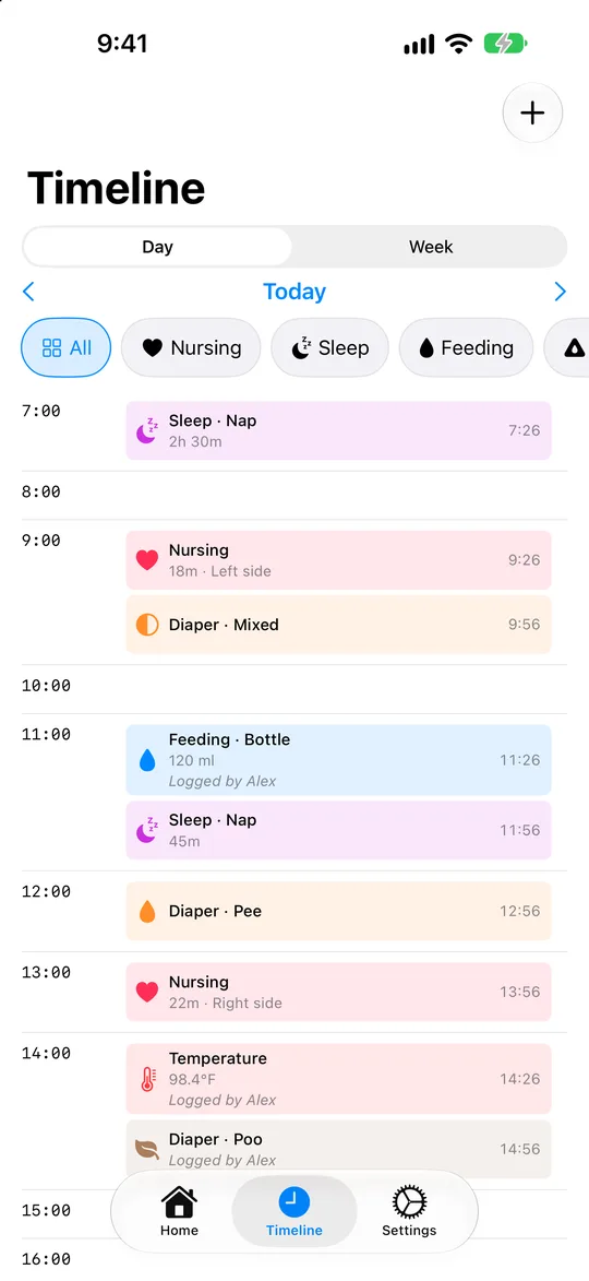BabyLogly timeline for today, with a bottle feed and a temperature check marked Logged by Alex