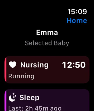 BabyLogly on Apple Watch with a nursing timer running